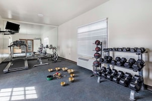 Un gimnasio con cintas de correr, bicicletas estáticas y un estante con mancuernas.