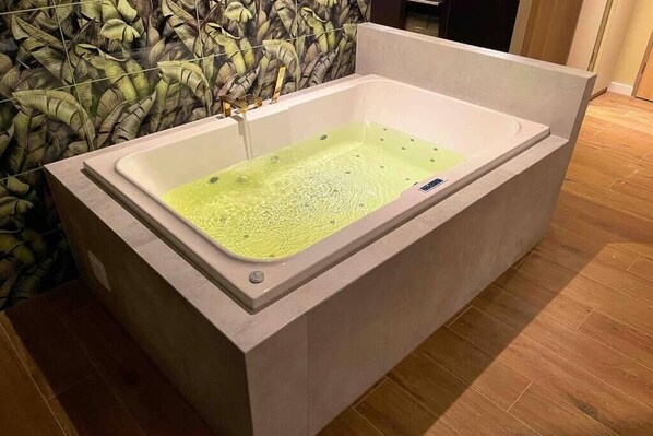 Jetted bath, hair dryer, towels, soap