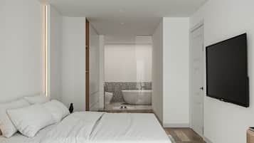 Deluxe-huoneisto | Ylelliset vuodevaatteet, tallelokero huoneessa, työpöytä