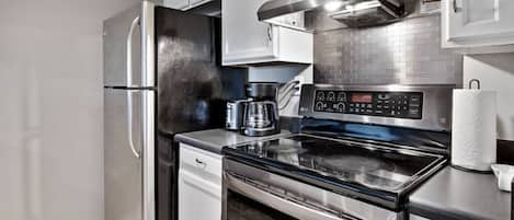 Fridge, microwave, oven, stovetop