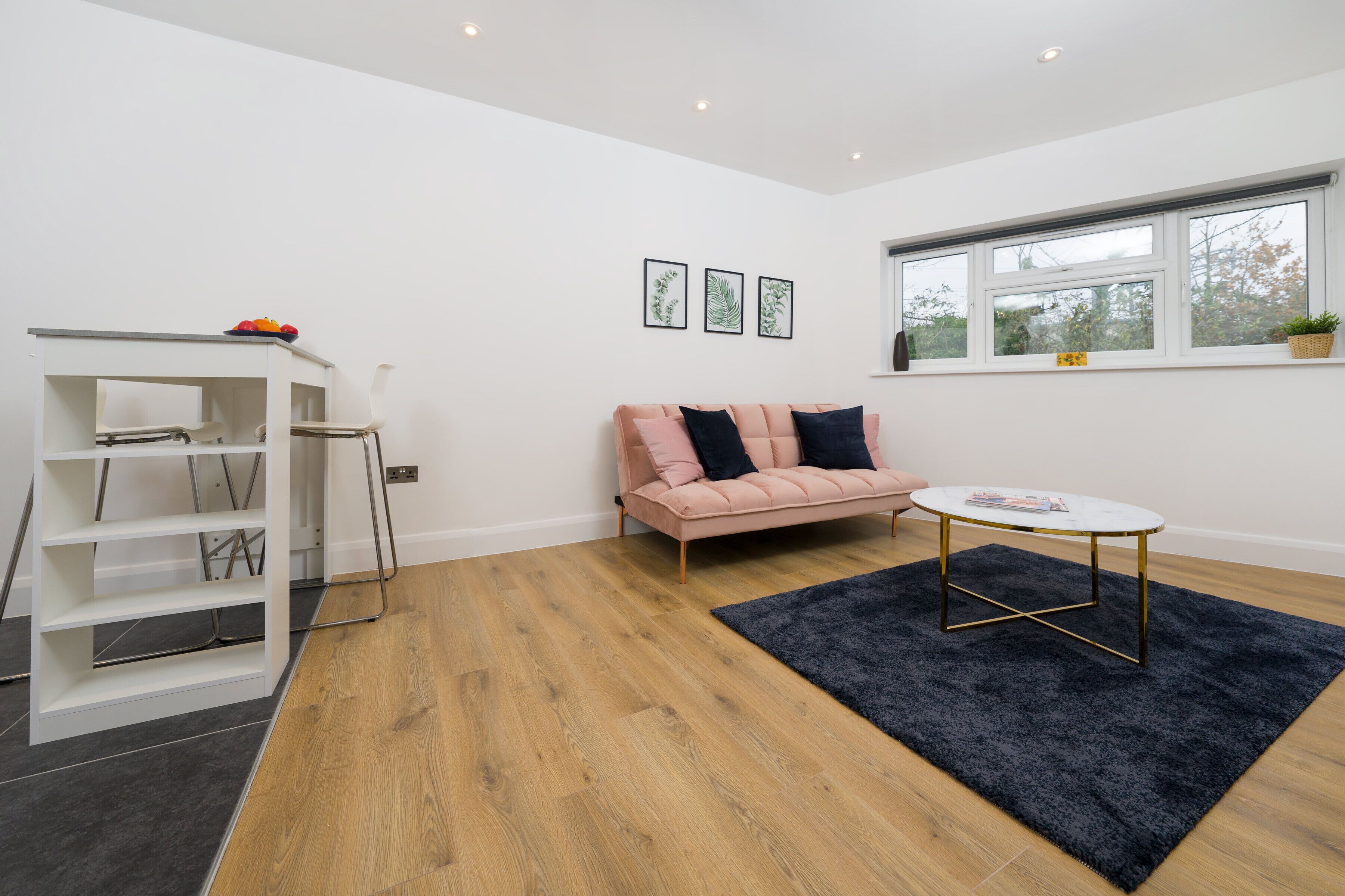 A modern living room with a wooden floor, a pink sofa, a white coffee table, and a black rug. There is a white shelving unit and a window with a view of trees.