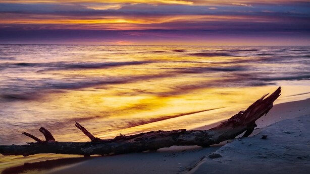 Un atardecer sobre el océano con un trozo de madera a la orilla.
