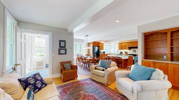 Télévision, cheminée, lecteur de DVD, livres