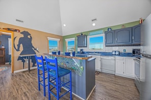 Coffee/tea maker, fridge, microwave, oven - Oceanfront Dog Friendly Home with Hot Tub, Game Room, and Direct Beach Access (Avon)