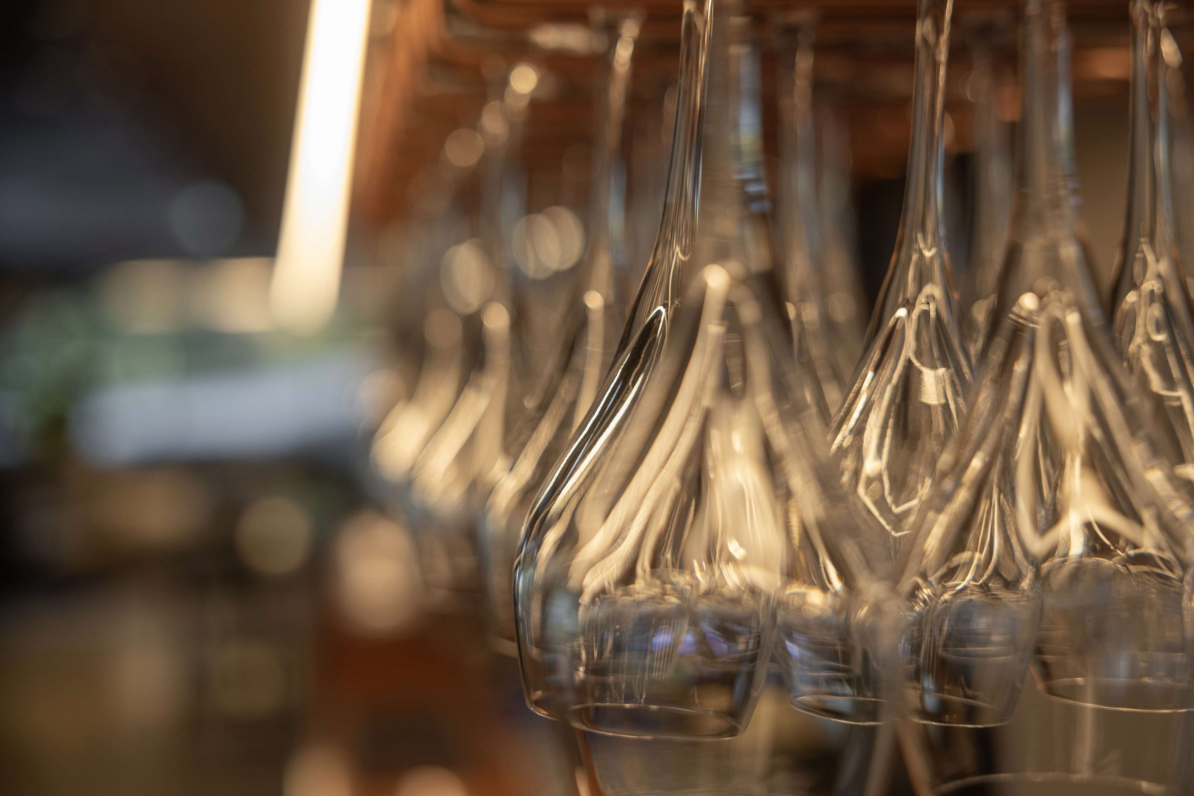 A row of clear wine glasses hanging from a rack.