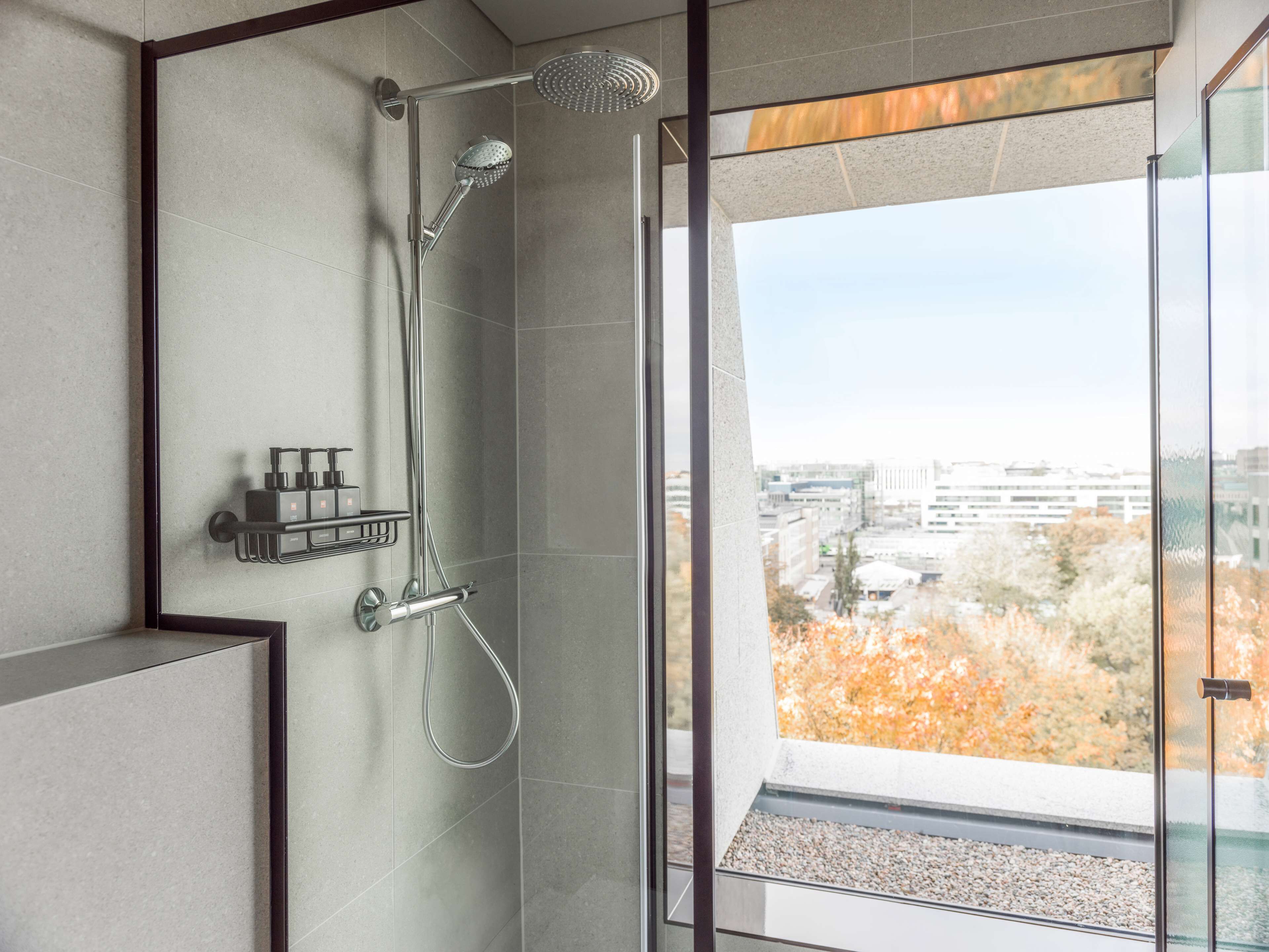 A modern shower with a rain showerhead and handheld showerhead, a glass door with a city view, and a small shelf with toiletries.
