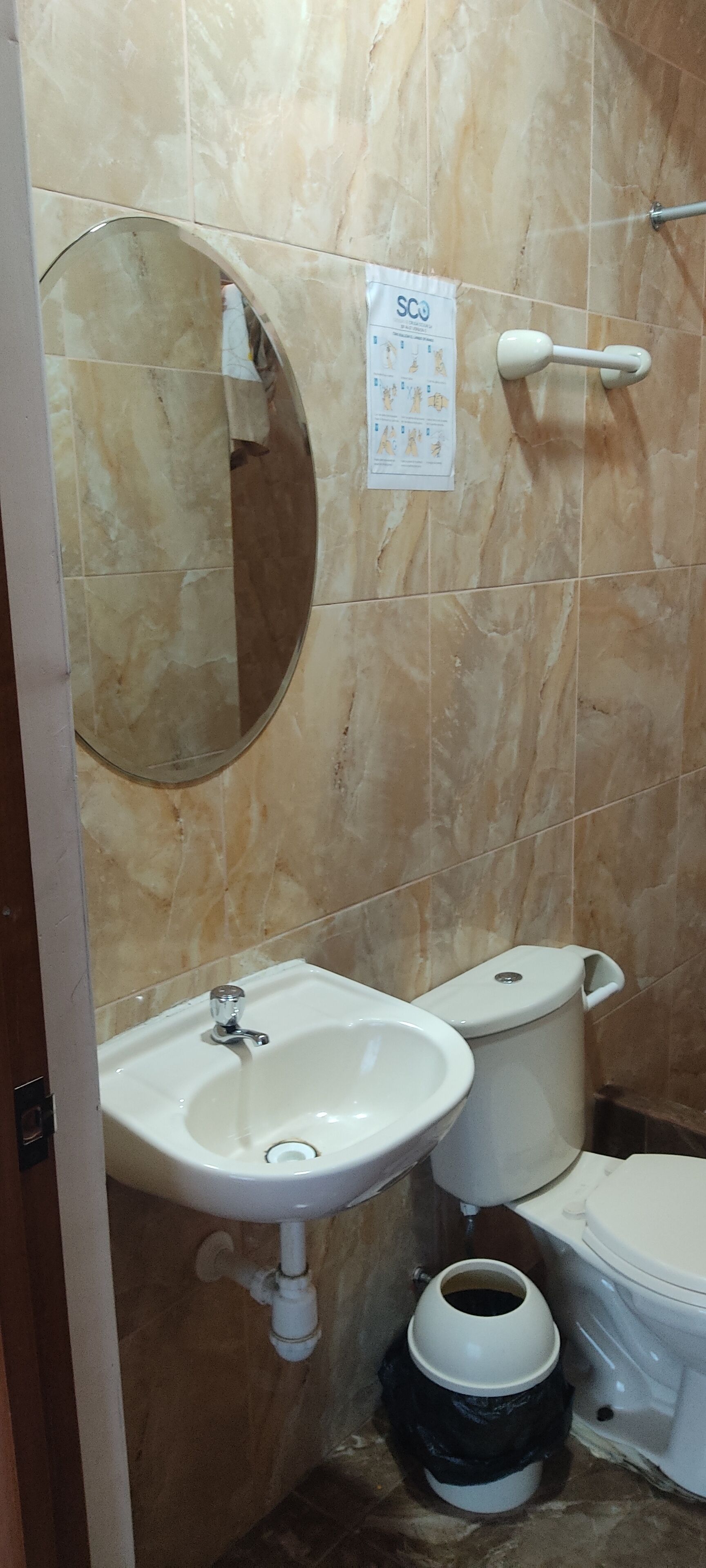 Une salle de bain avec un lavabo, des toilettes et un miroir.