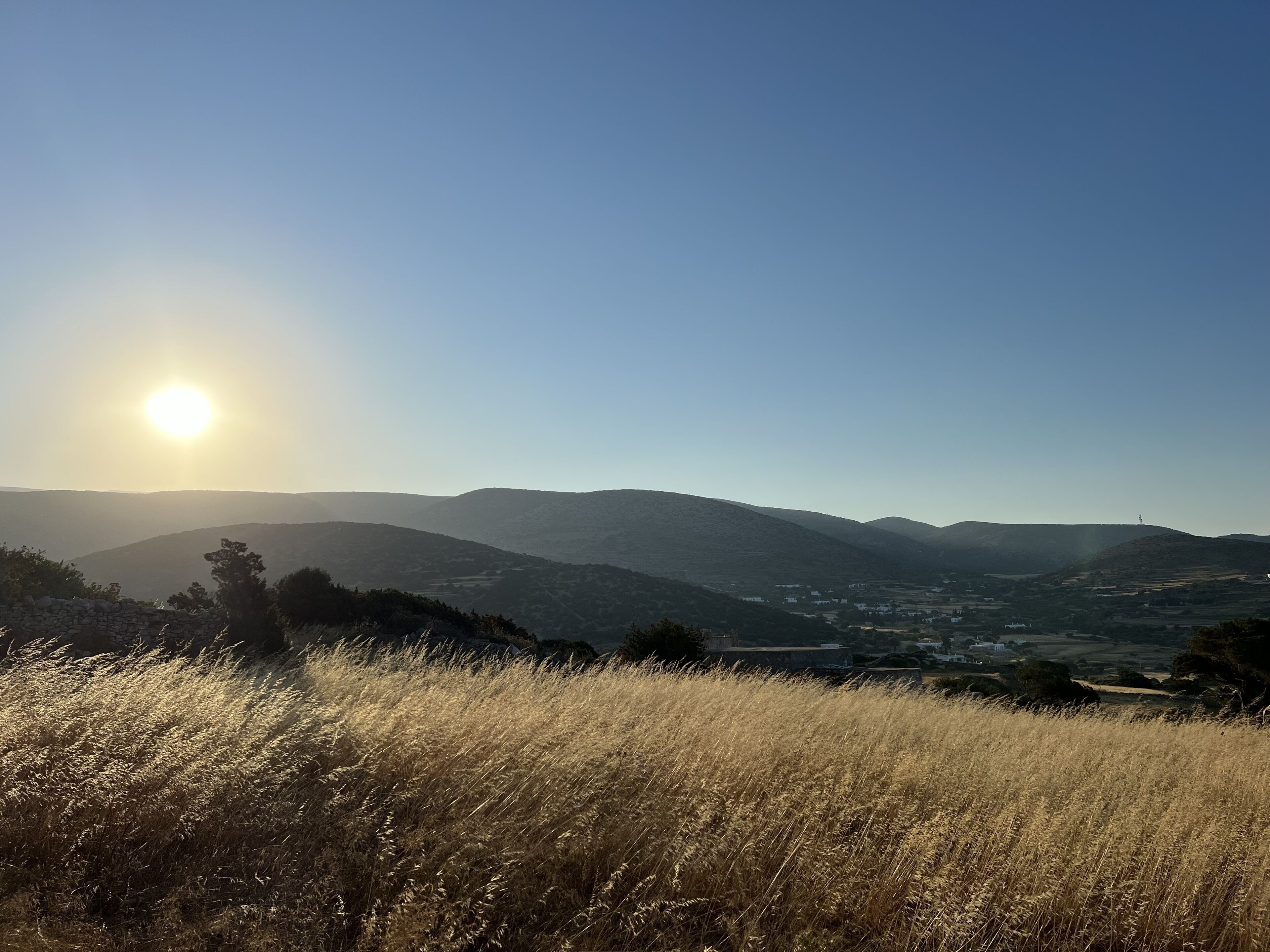 Un paysage caractérisé par un ciel dégagé, un soleil bas à l’horizon et des collines douces qui s’étendent à perte de vue.
