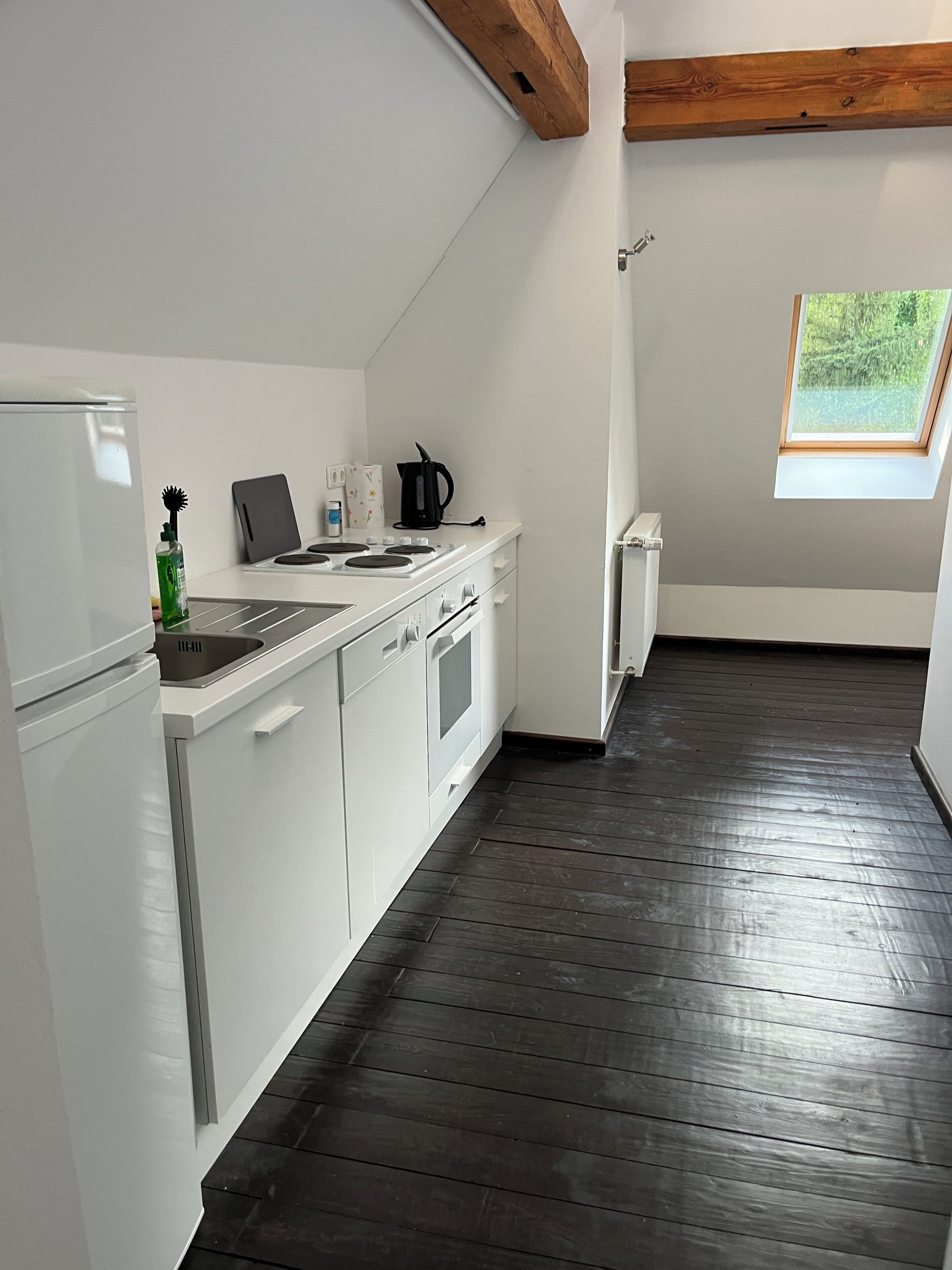 A modern kitchen with white cabinets, a black kettle, and a window with a view of greenery.