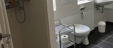 A bathroom with a shower, toilet, sink, and a window.