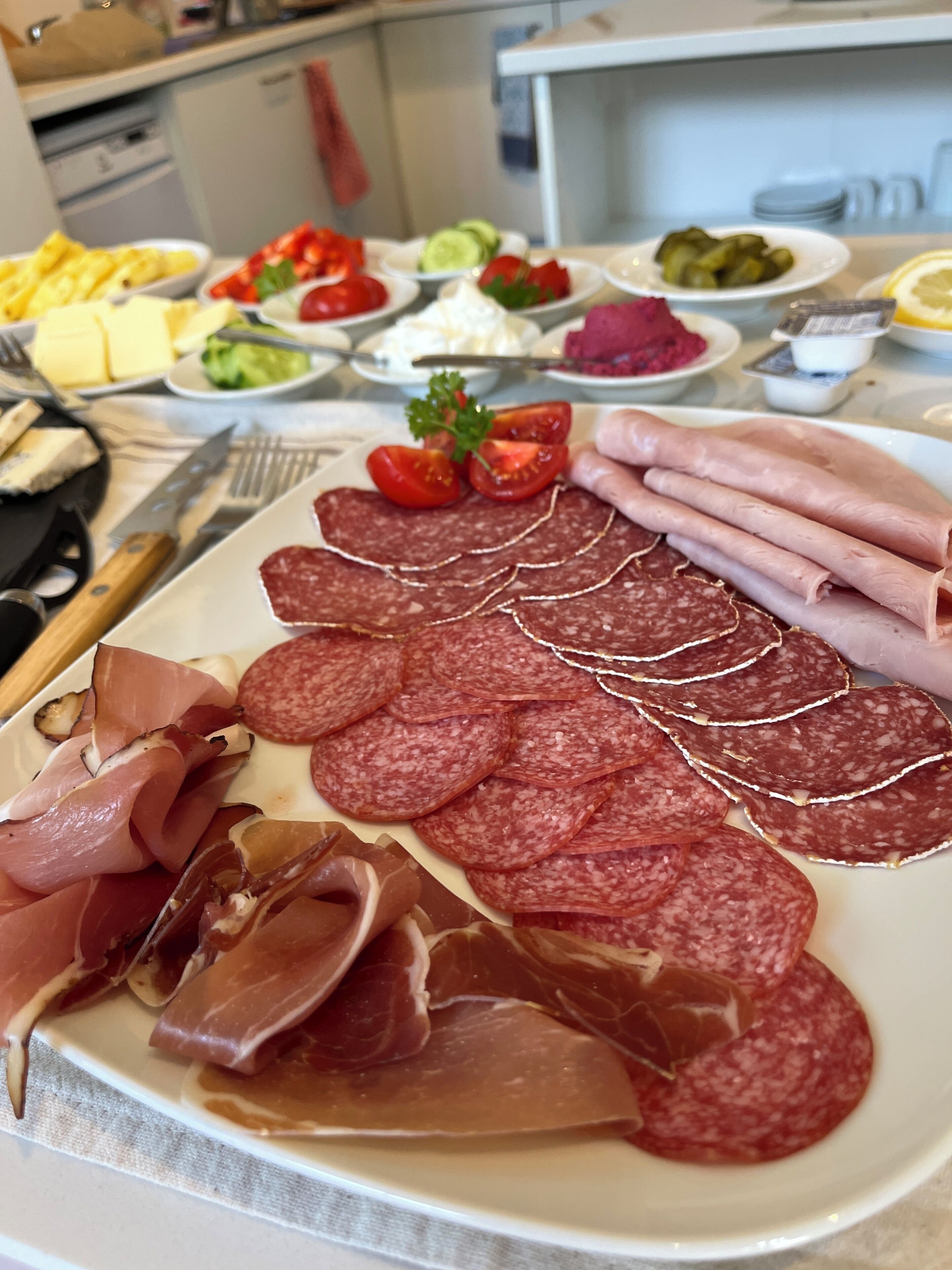 A plate of sliced salami and prosciutto, accompanied by various cheeses and vegetables.