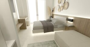 Un dormitorio moderno con una cama, mesitas de noche, un televisor montado en la pared y platos decorativos.