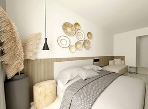 Une chambre à coucher moderne avec un grand lit, une tête de lit en bois et un mur décoré d’assiettes rondes.