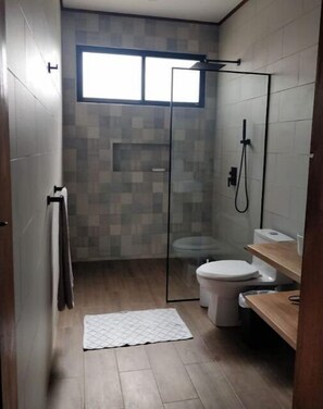 Chuveiro, secador de cabelo, toalhas de banho, sabonete