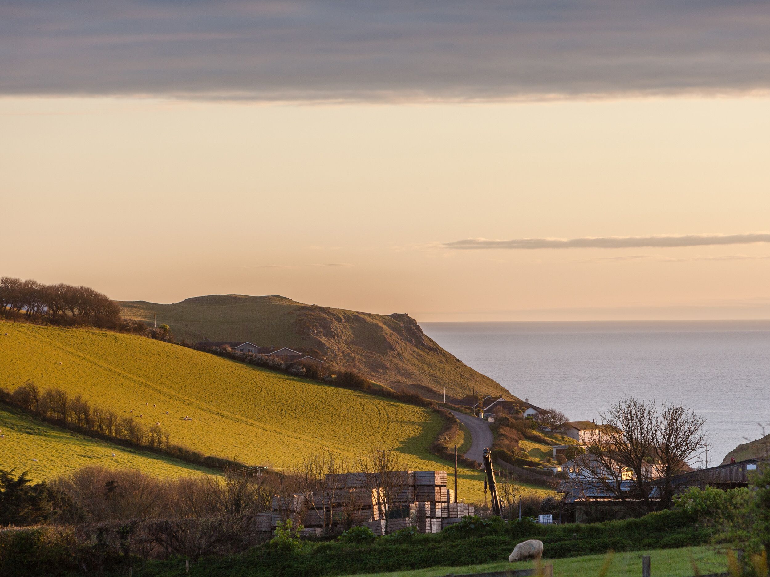 A coastal landscape with rolling hills, a winding road, and a view of the sea.