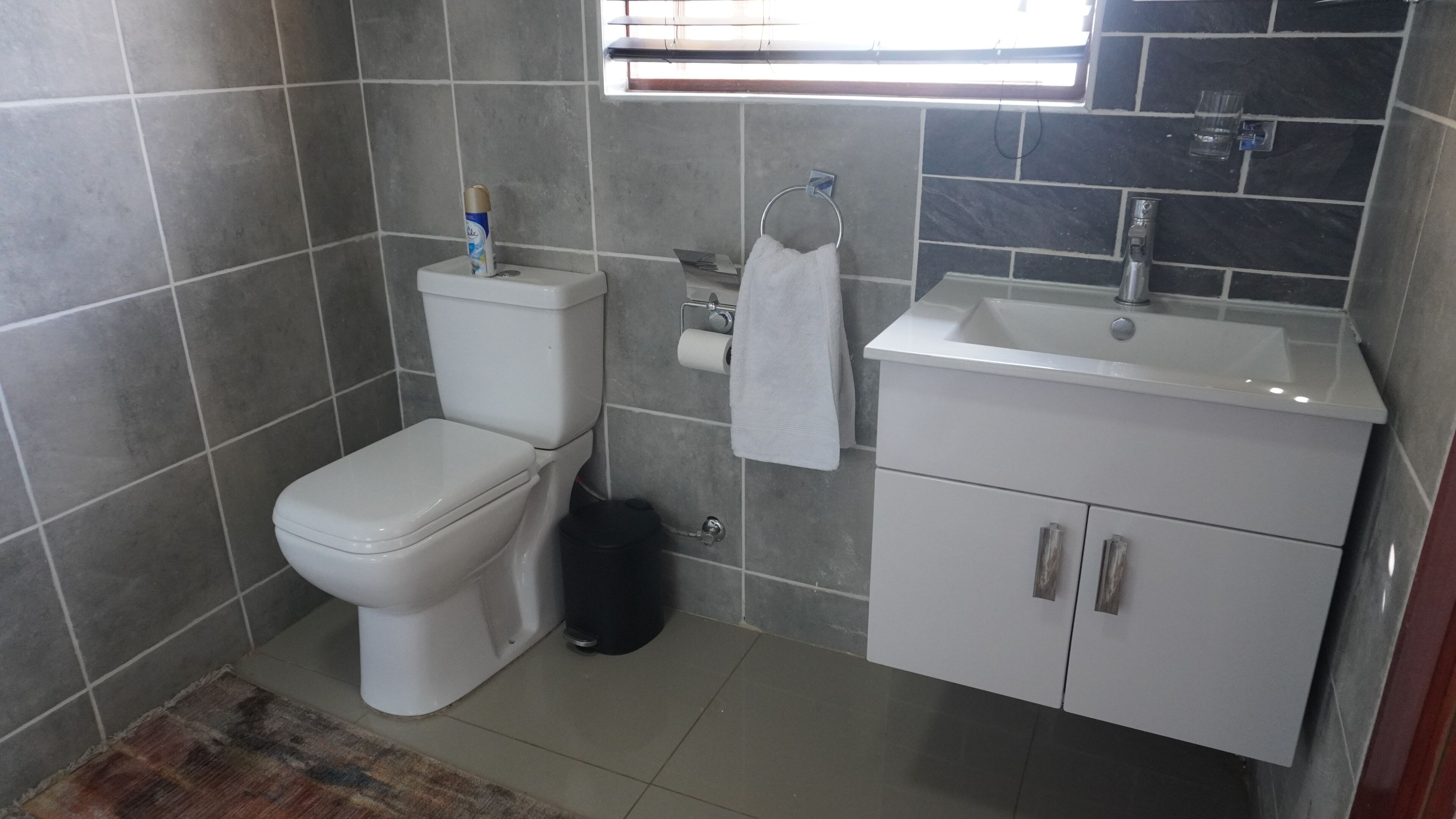 A bathroom with a toilet, sink, and storage cabinet.