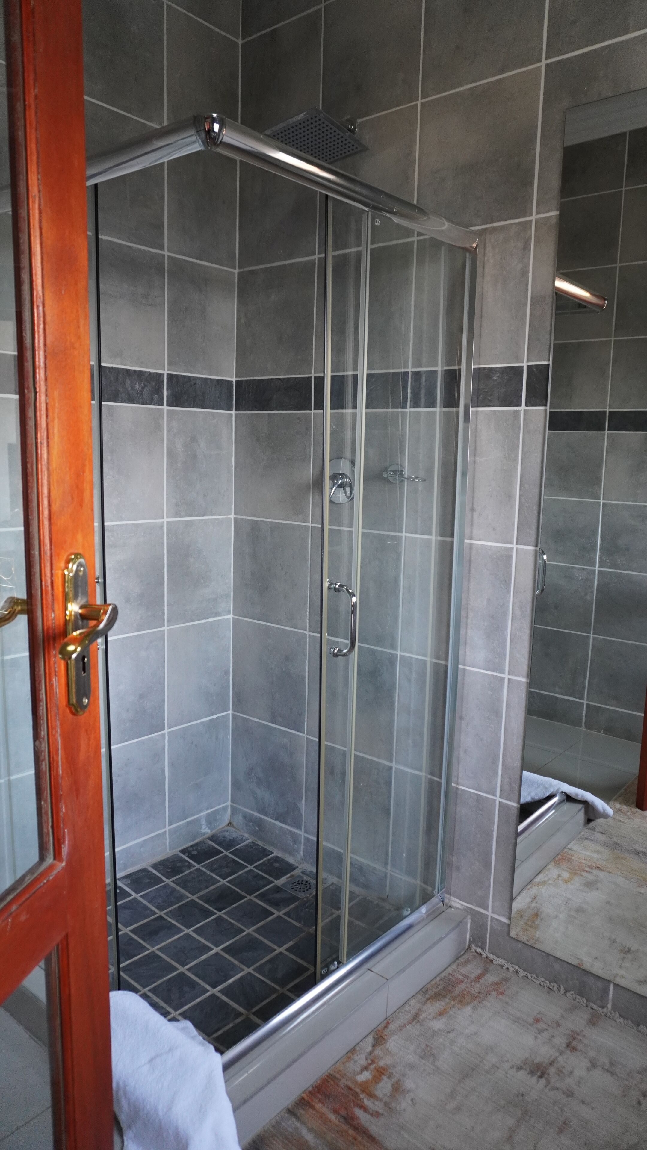 Une douche fermée par des parois de verre, dotée d’une poignée en métal et d’un cadre de porte en bois.