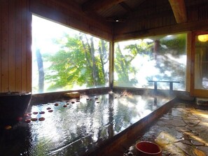 A hot spring area with a stone floor and a large window overlooking trees. - Shimazaki Toson Yukari no Yado Nakadanaso (Komoro)