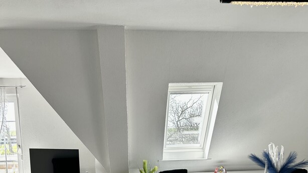 A modern living room with a white entertainment unit, black chairs, a potted plant, and a framed picture on the wall. - Apartment with a view of the dyke for up to 4 people. -Turquoise (Büsum)