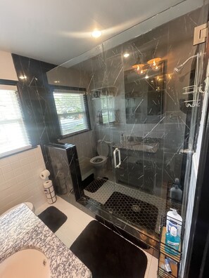 Douche, séchoir à cheveux, serviettes fournies, savon
