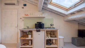 A compact kitchen with a built-in microwave, gas stove, and a small refrigerator. There is a skylight above the kitchen, and a TV is mounted on the wall to the right.