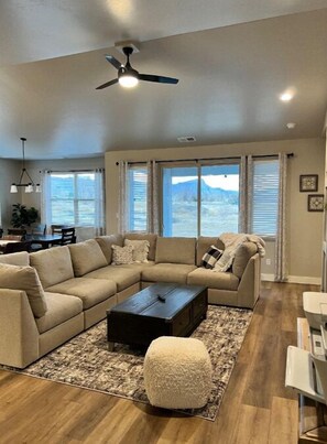Smart TV, fireplace, books, printers