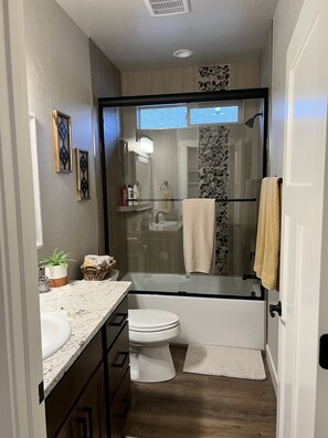 Shower, hair dryer, towels, soap