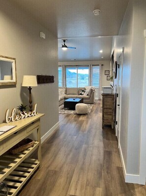 Smart TV, fireplace, books, printers