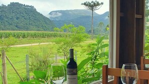 A dining table with a bottle of wine, two wine glasses, and a plate set for two. The table is outdoors with a view of a vineyard and hills in the background. - Pousada Mato Verde - Urubici - SC (Urubici)