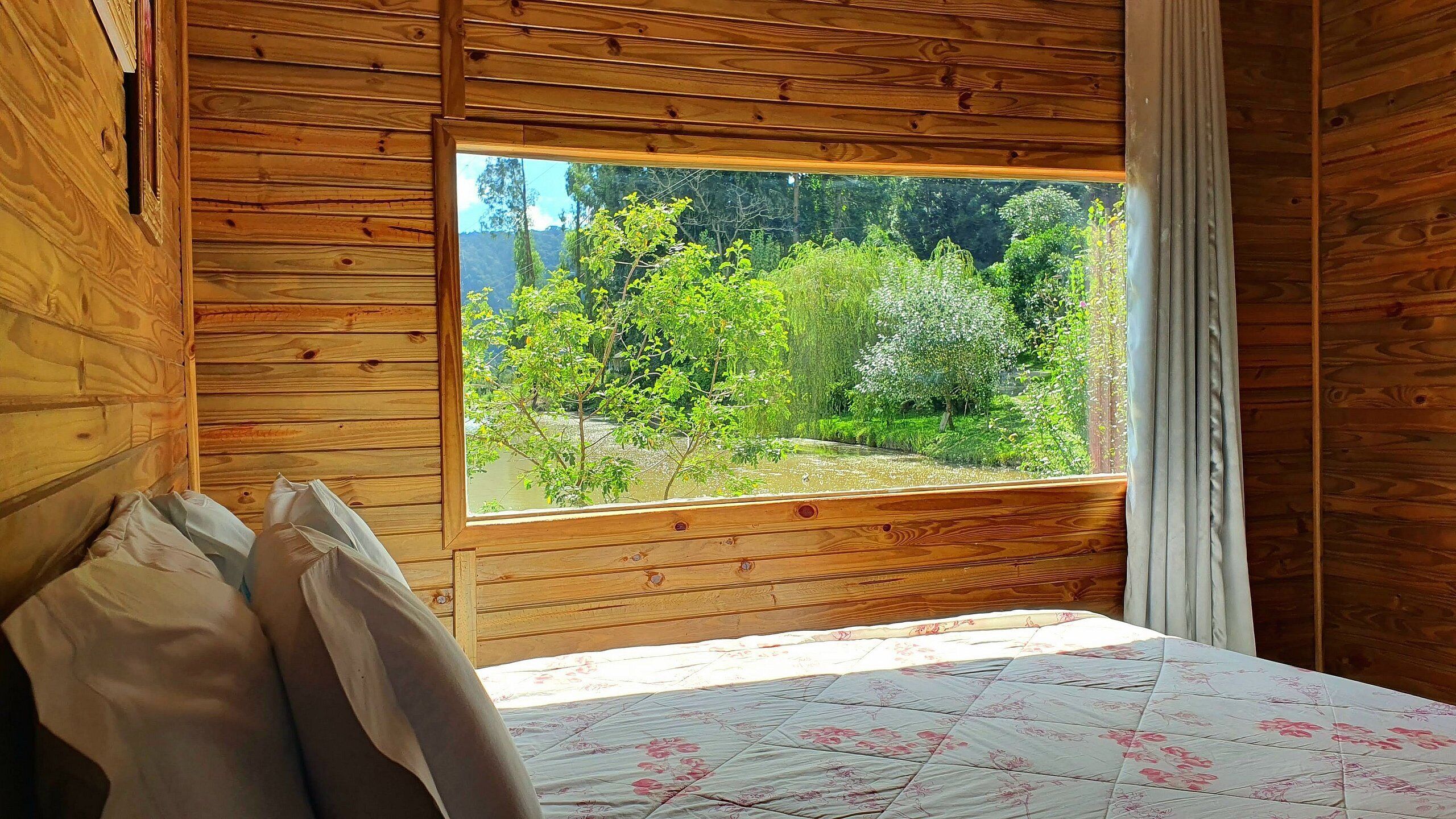 Une pièce de style cabane en bois, dotée d’une grande fenêtre donnant sur un jardin luxuriant.