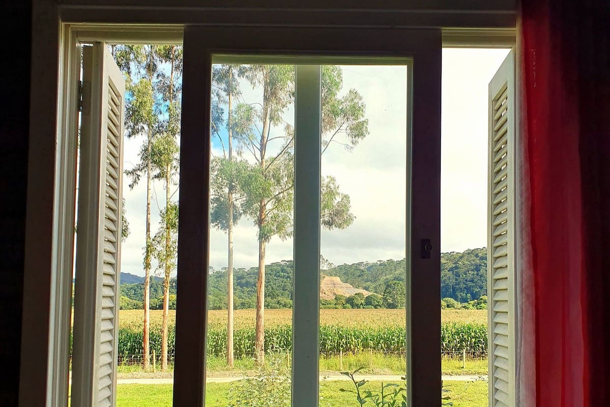 Una ventana con vistas a un campo verde, árboles y una colina distante.