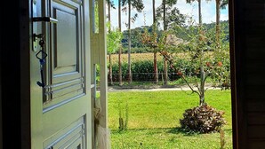 A door leading to a garden with a view of tall trees and a grassy area. - Pousada Mato Verde - Urubici - SC (Urubici)