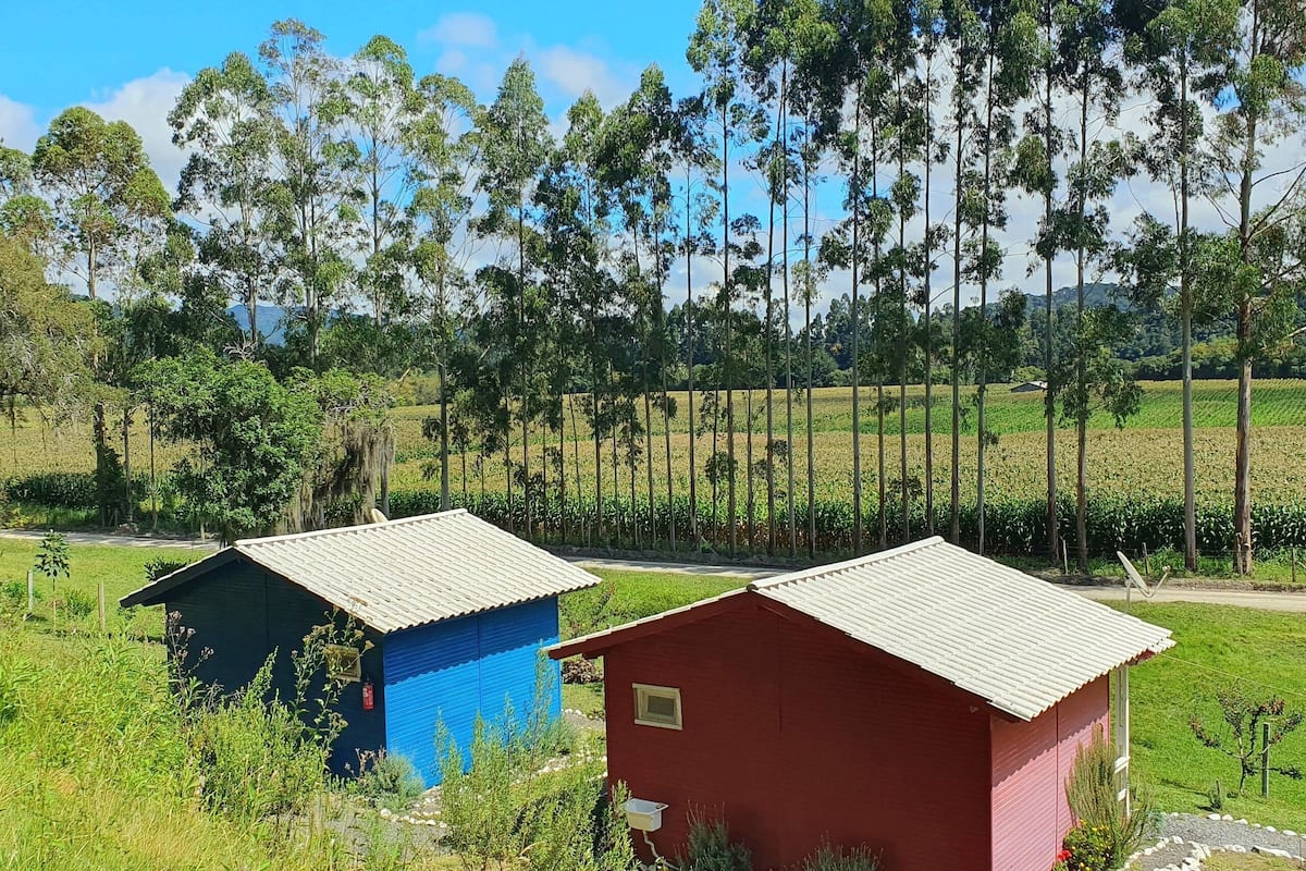 Dos edificios pequeños de una sola planta con techos de lámina corrugada, rodeados de exuberante vegetación y altos árboles.