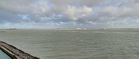 A view of a body of water with a rocky breakwater and distant ships.