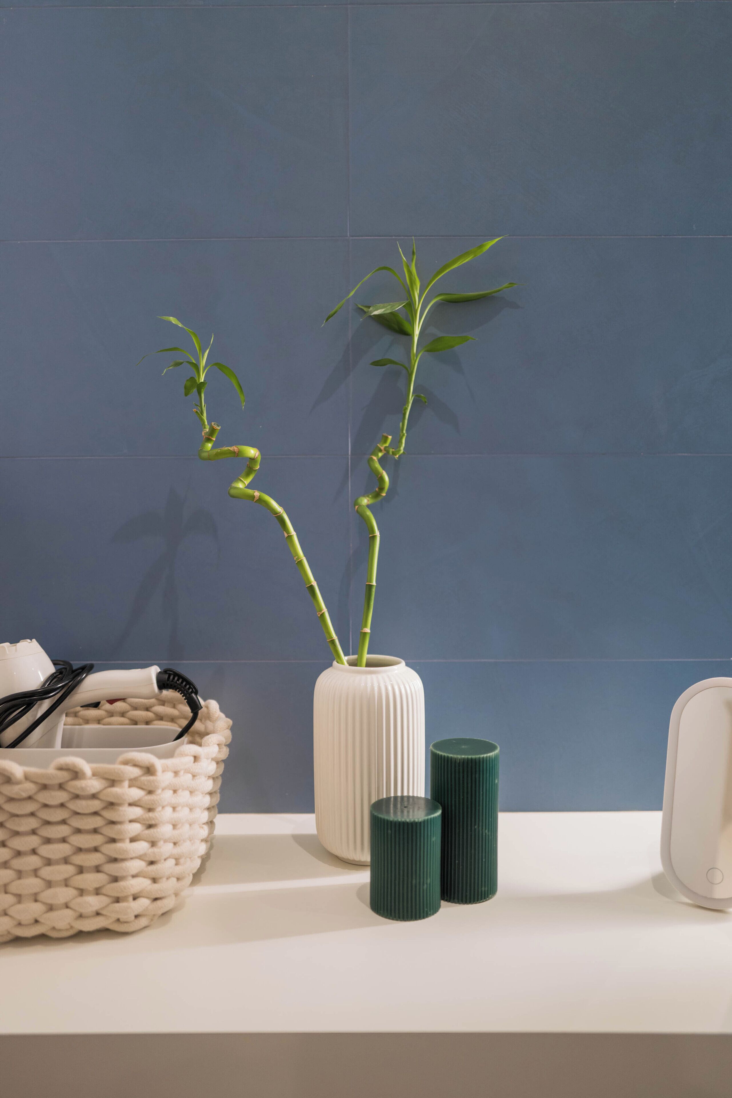 Une salle de bain avec un lavabo blanc, un vase blanc contenant une plante verte, un panier en osier et deux récipients cylindriques verts.