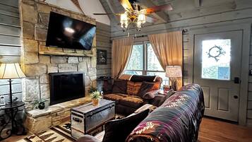 Smart TV, fireplace, DVD player, books