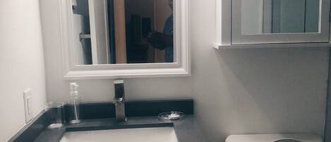 A bathroom with a sink, mirror, and toilet.