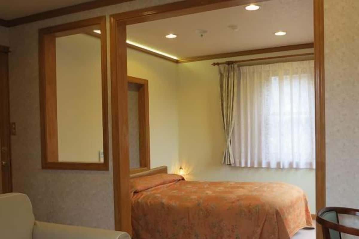 A room with a bed, a chair, a sofa, and a small table.