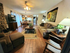 Televisión, chimenea y libros