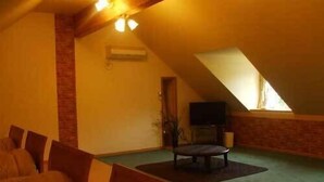 A cozy living room with a high ceiling, a fireplace, and a television. - Pension Candle (Fujikawaguchiko)
