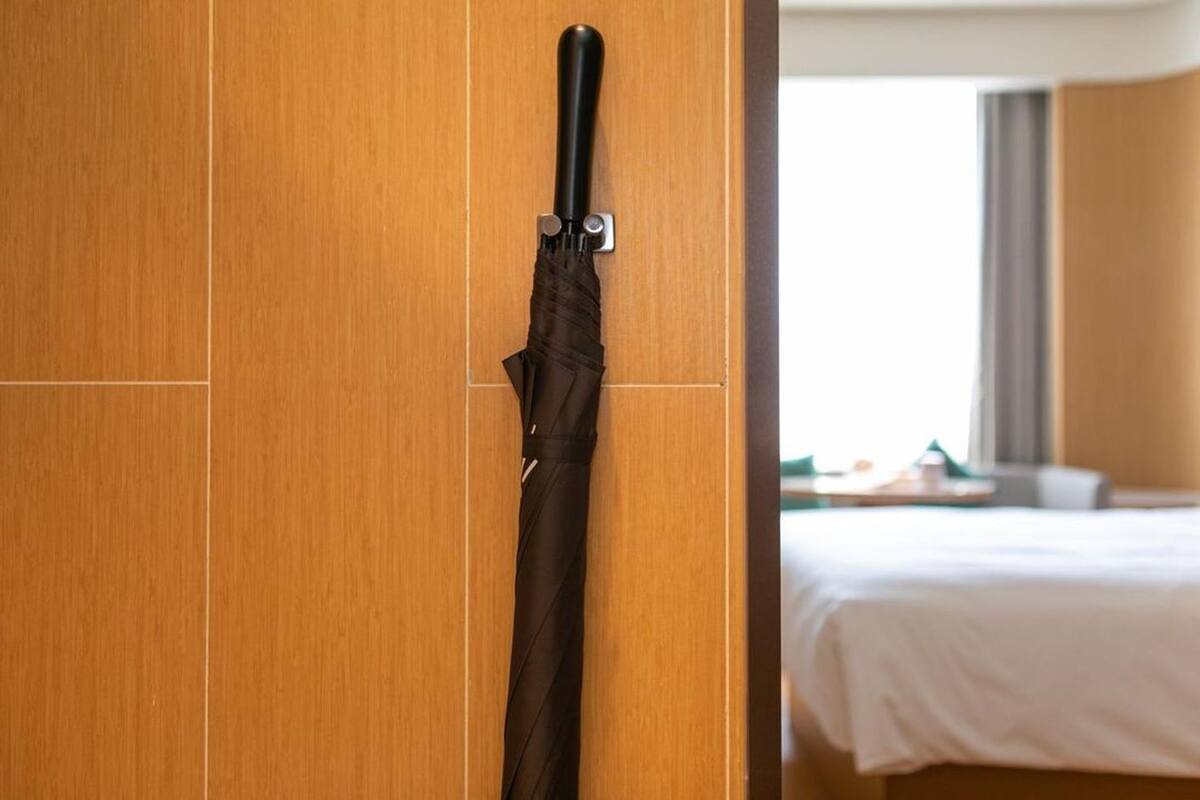 Una puerta de madera con un paraguas negro colgado de un gancho metálico.