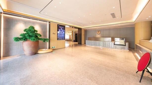 Un moderno vestíbulo de hotel con una recepción, una planta grande en maceta y una pantalla informativa digital.