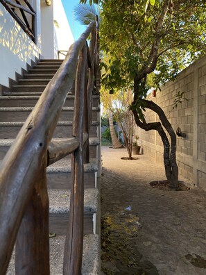 A staircase with a wooden handrail leading to a building entrance. - The Paradise of Flowers/// (Barras de Piaxtla)