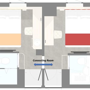A hotel layout with two bedrooms, a connecting room, and a bathroom.