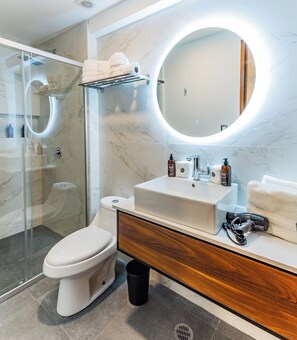 Shower, rainfall showerhead, hair dryer, bathrobes - Casa Castillo (Mexico City)
