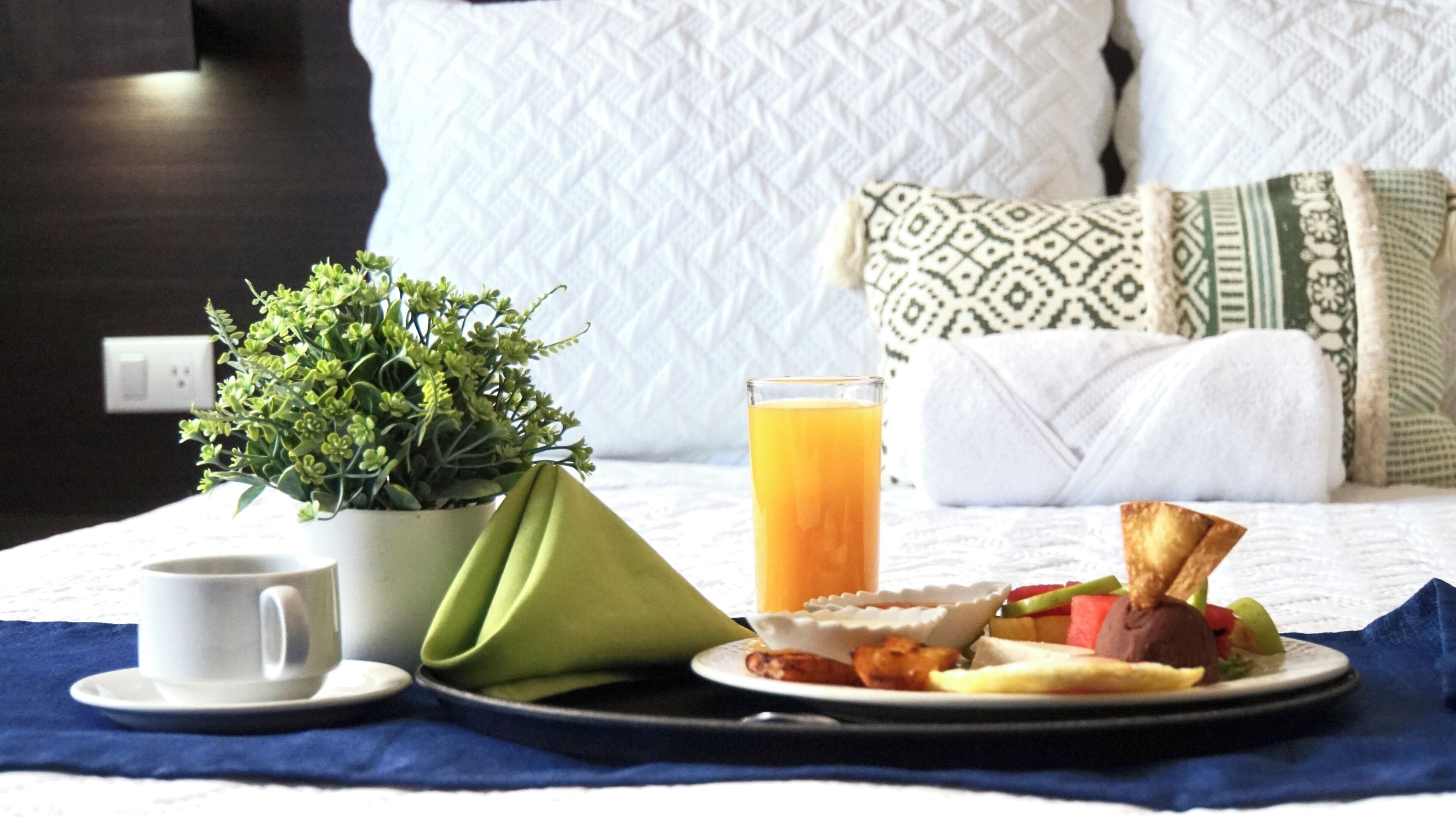 Una mesa de desayuno ordenada con una taza, un paño verde, un plato de comida, un vaso de jugo de naranja y una planta en maceta.