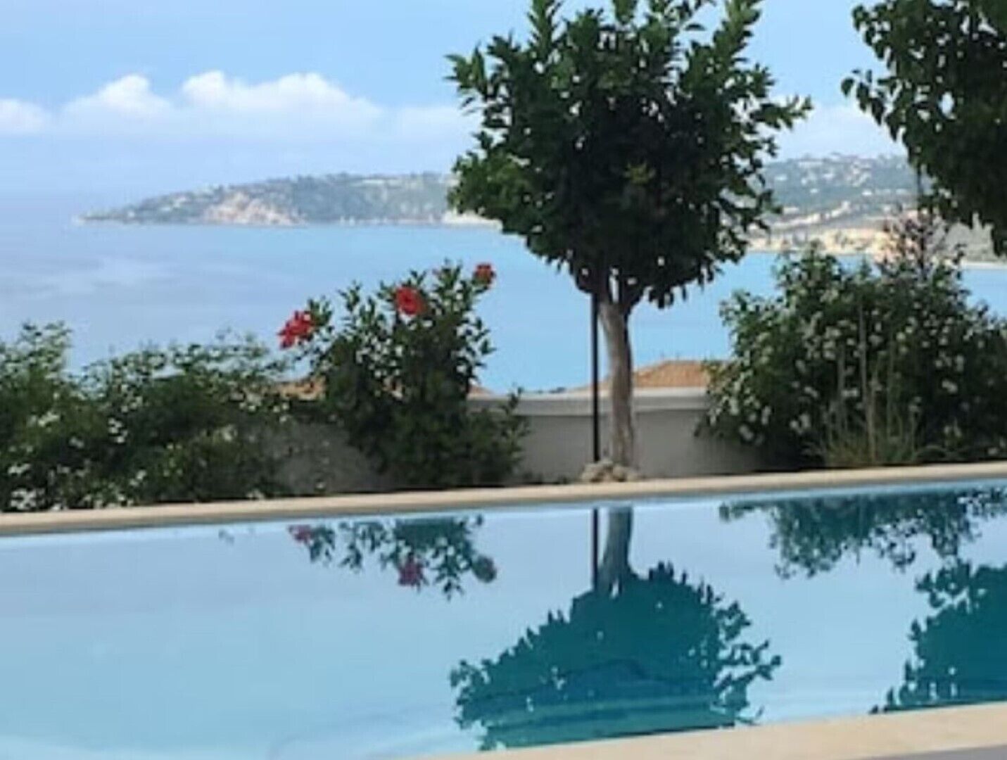 A clear view of a swimming pool with a reflection of the surrounding landscape, including trees and a distant shoreline.