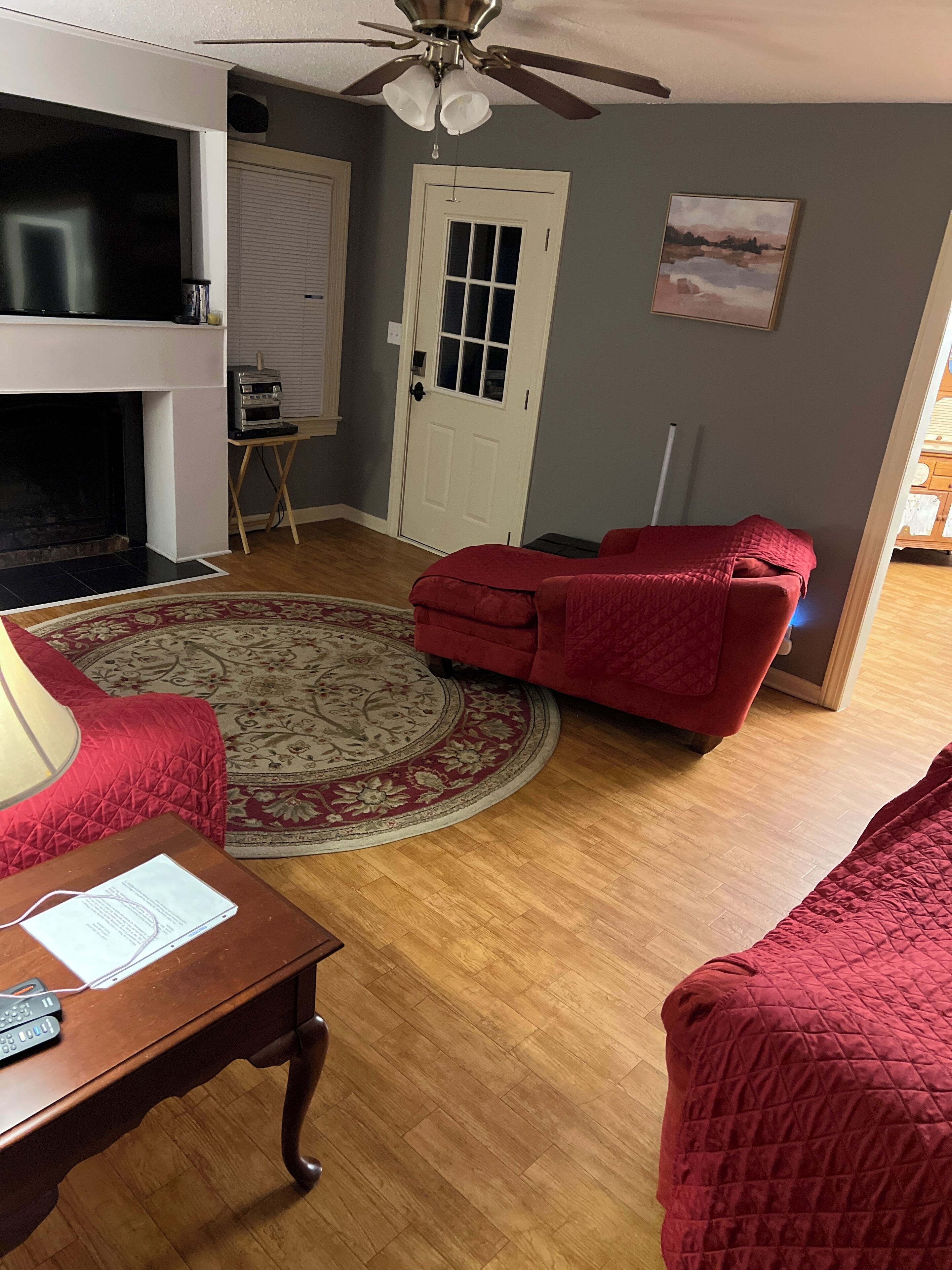 Smart TV, fireplace, DVD player, books