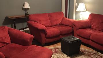 Smart TV, fireplace, DVD player, books