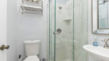 Shower, hair dryer, towels